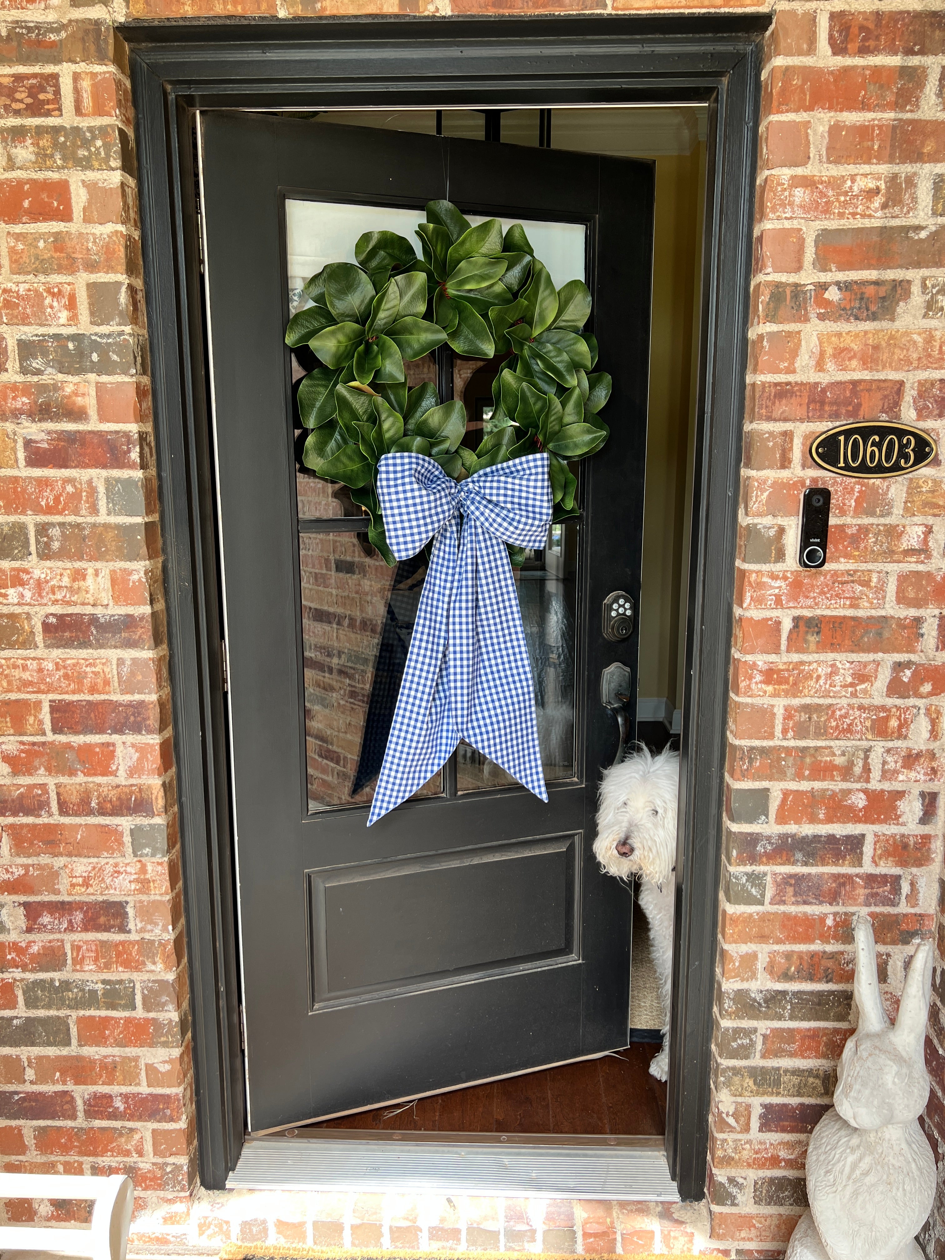 Blue and white gingham wreath bow sash custom monogram available