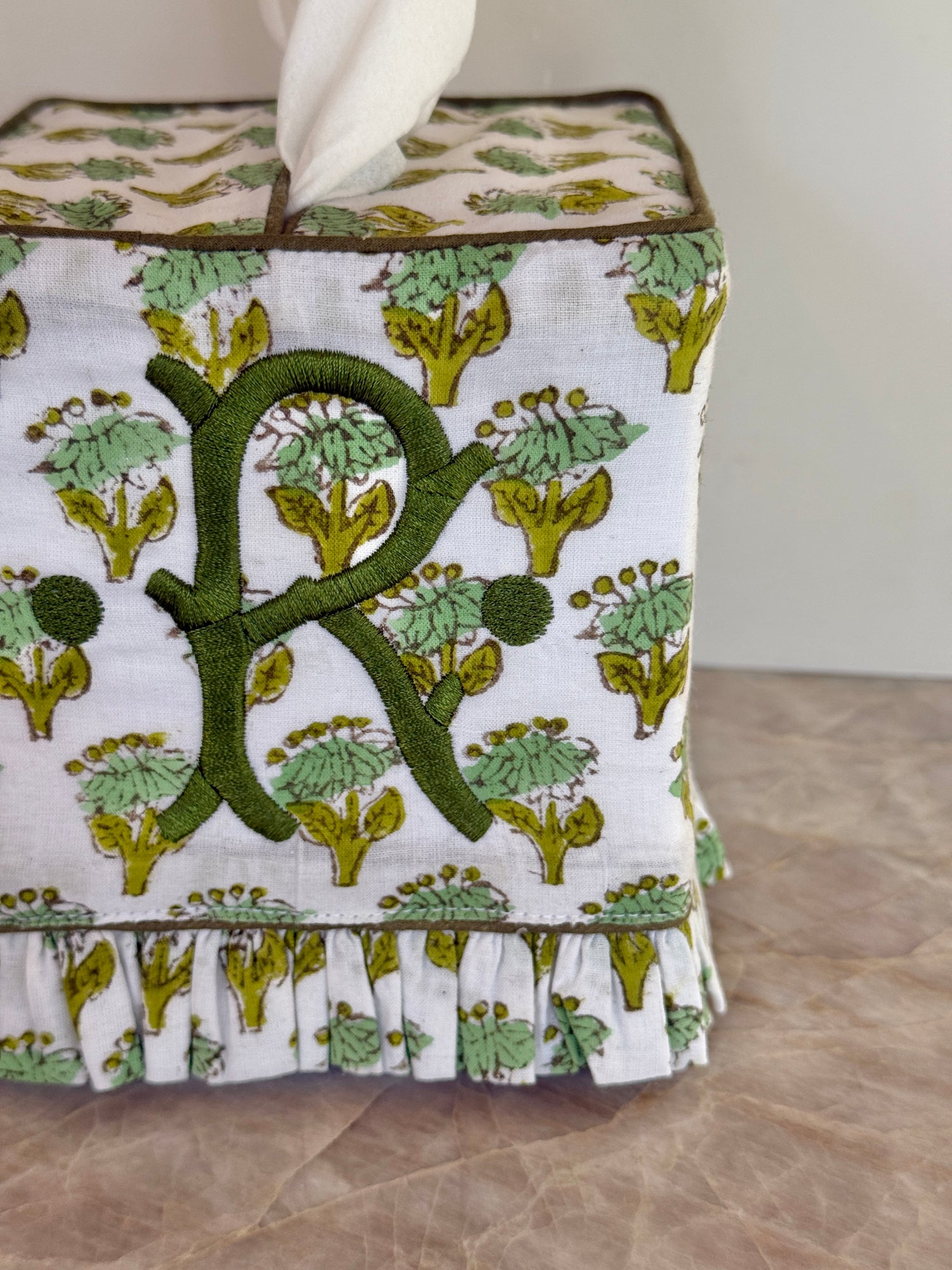 Moss green floral block printed ruffle tissue cover, custom monogram available