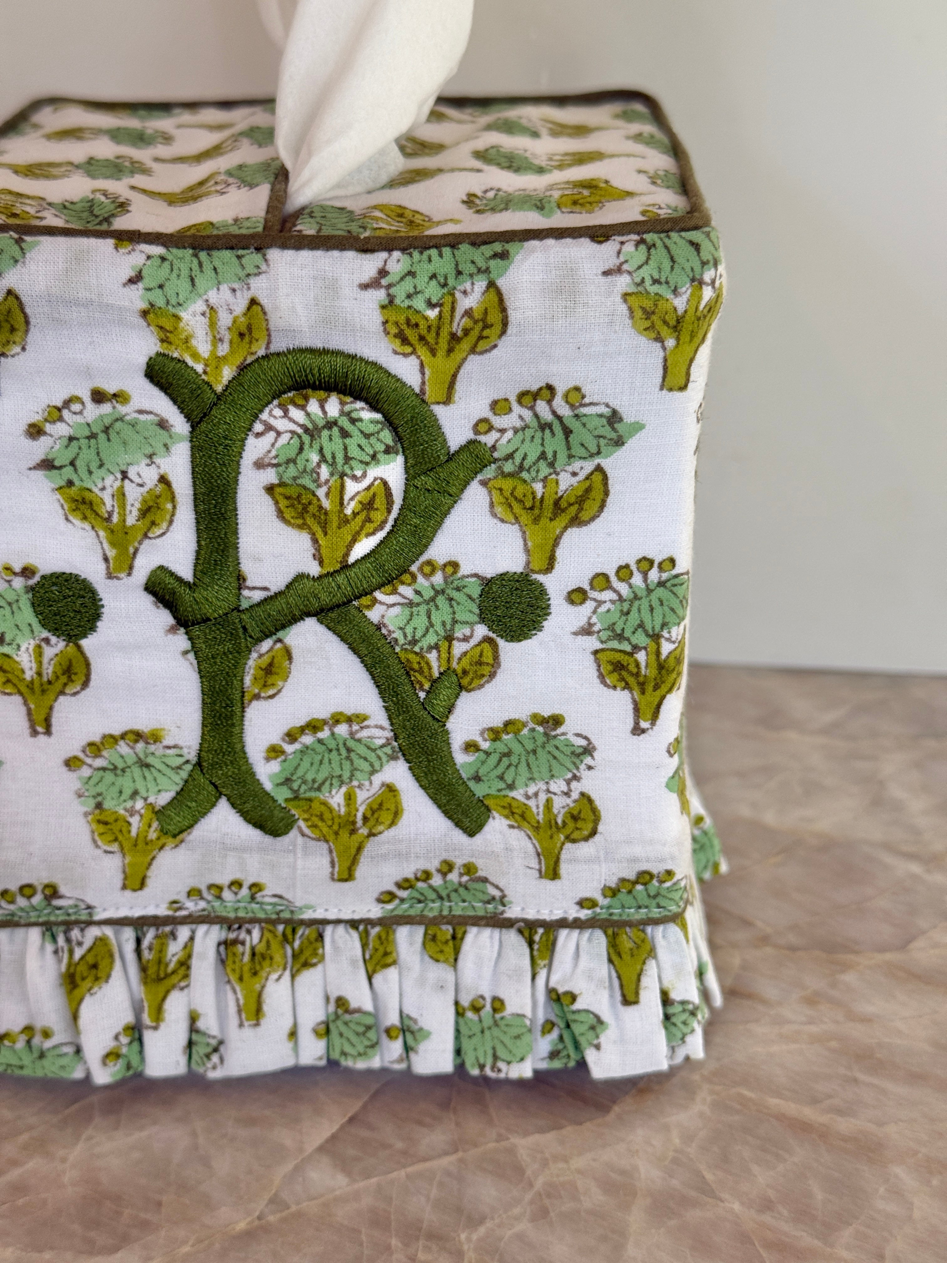 Moss green floral block printed ruffle tissue cover, custom monogram available