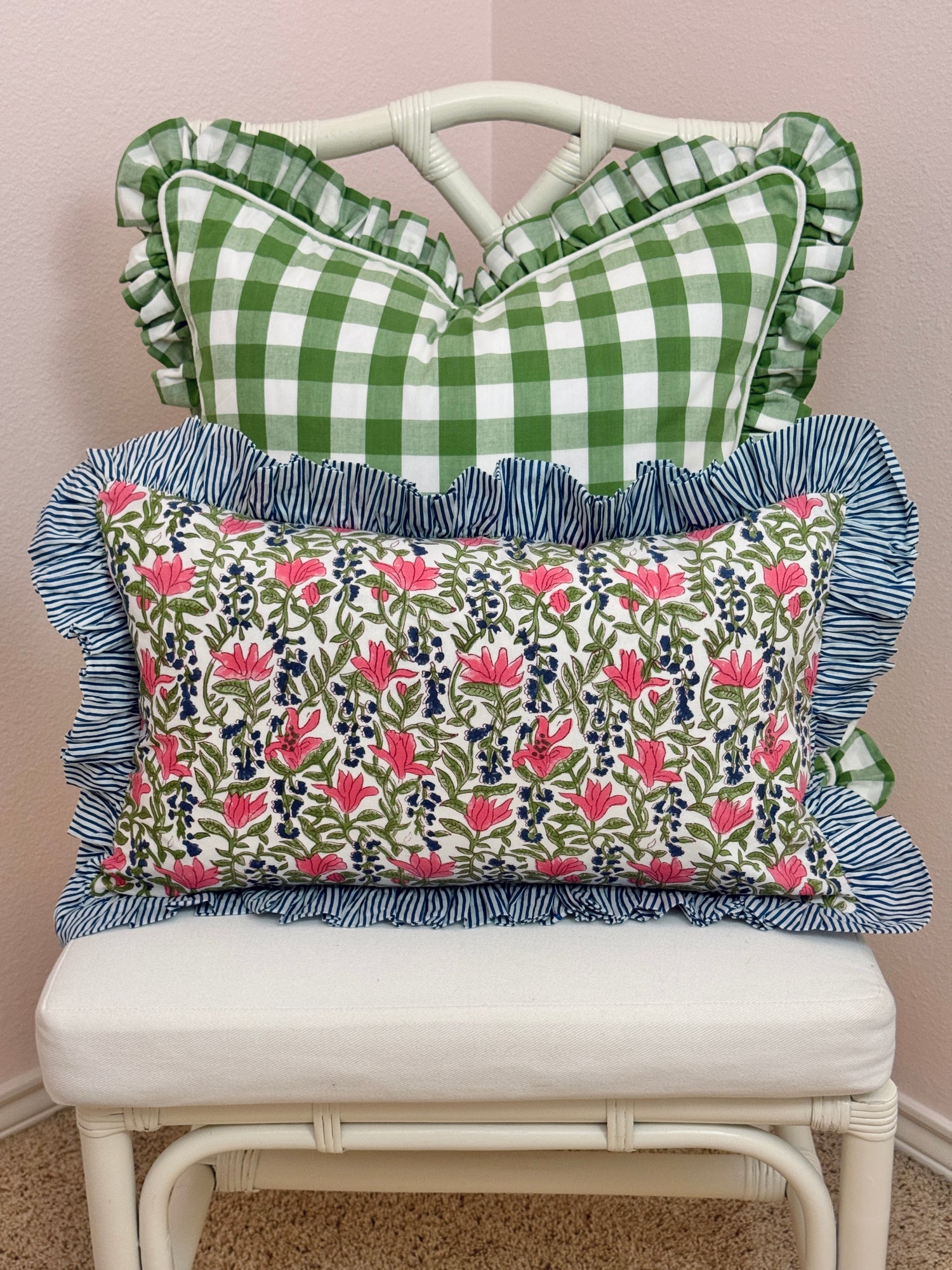 Blue, pink, and green floral pillow cover, two sizes