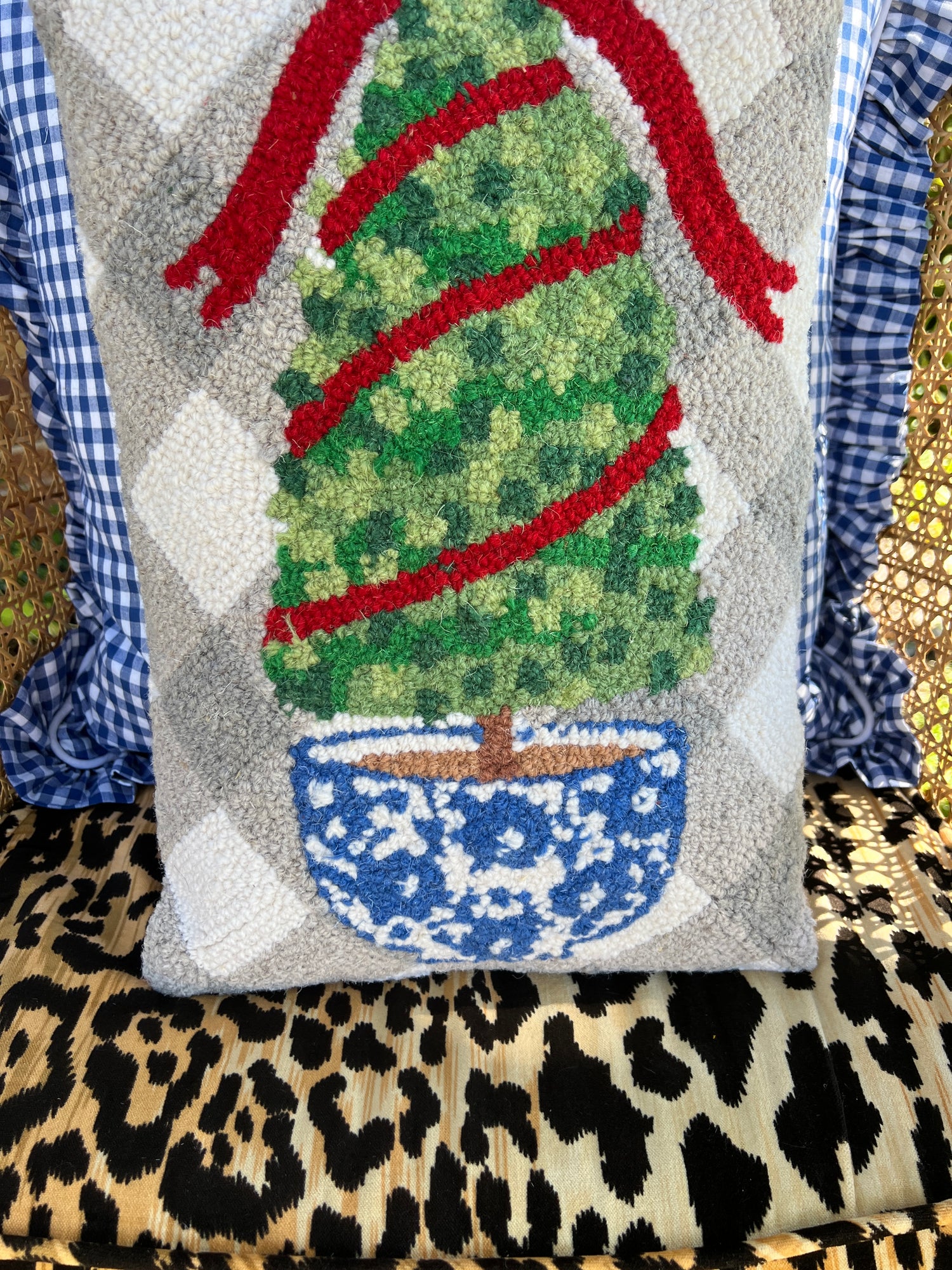 Holiday topiary hooked wool pillow