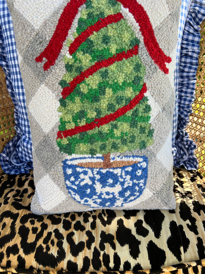 Holiday topiary hooked wool pillow