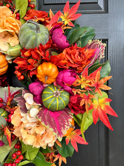 Fall floral and pumpkin wreath, bright colors with optional gingham ribbon, 3 sizes available