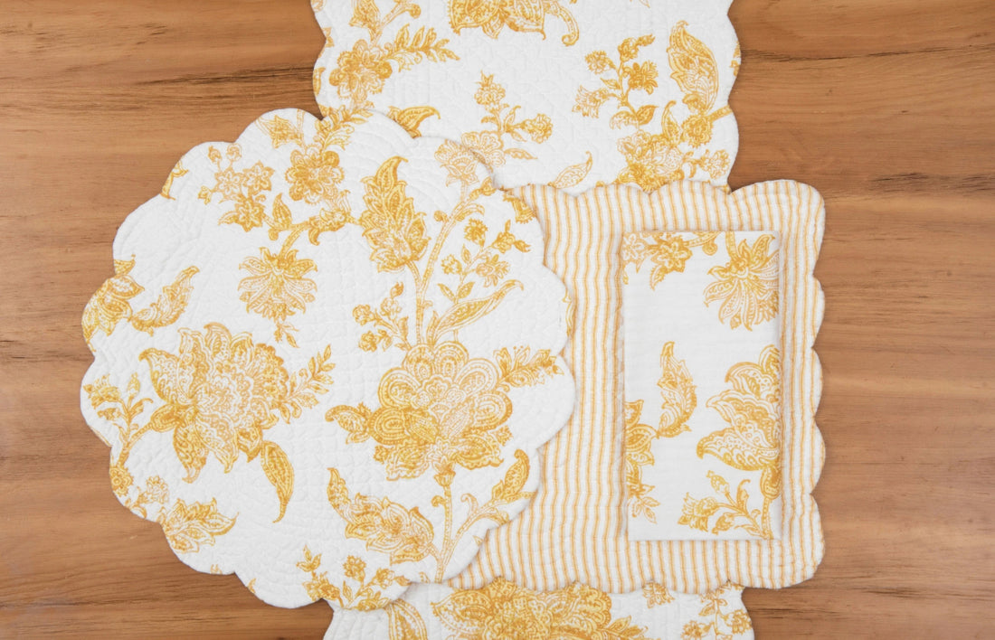 Golden yellow toile quilted table linen collection, runner or set of 4 placemats