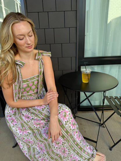 Lottie dress with tie shoulders in pink and green