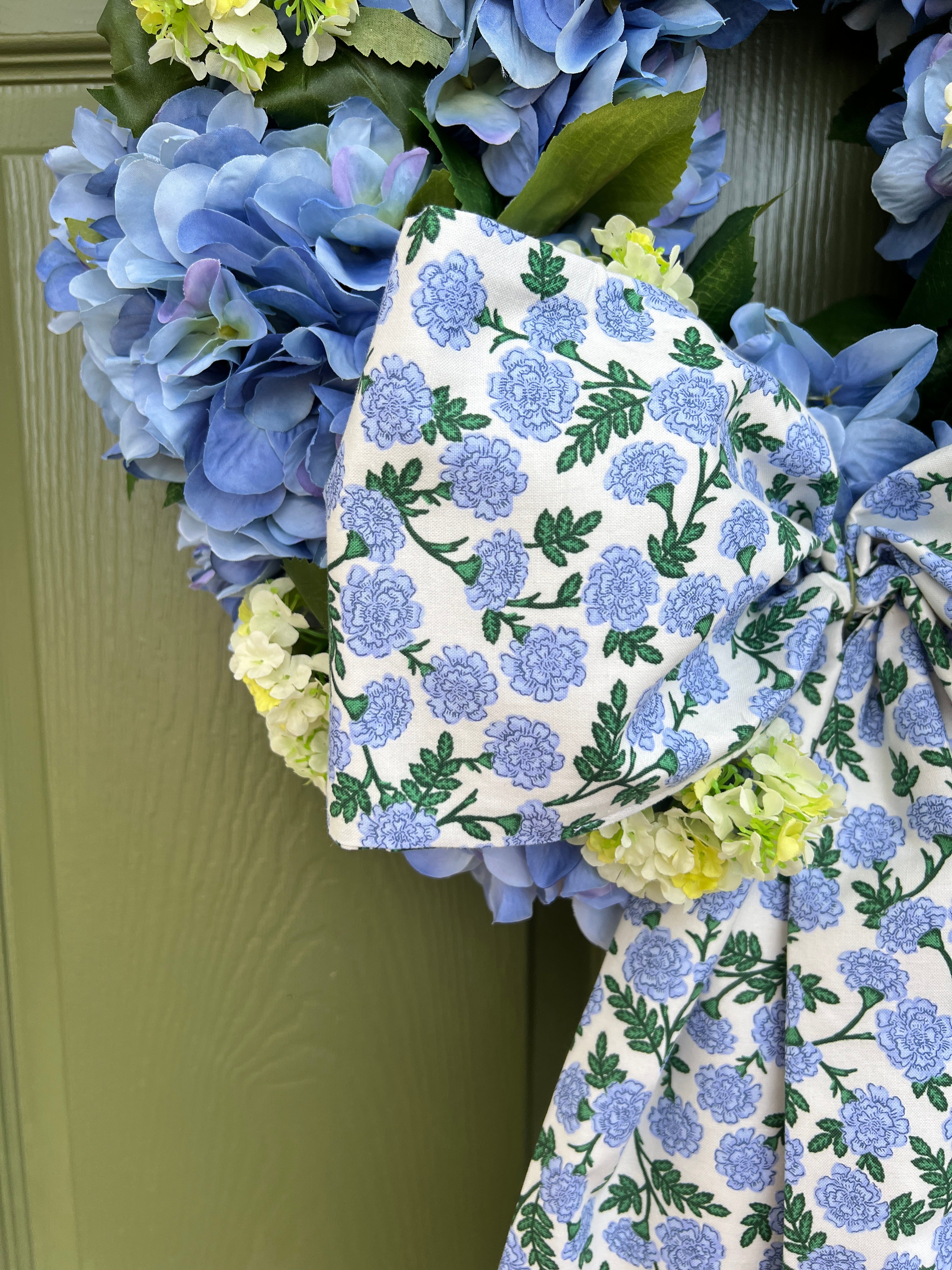 Blue Dianthus floral print signature wreath sash