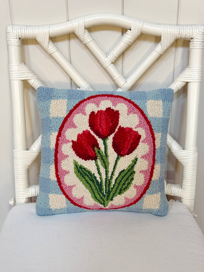 Red tulips and gingham hand hooked pillow