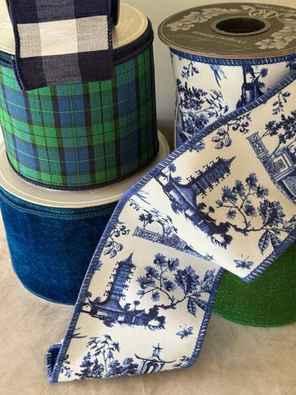 Blue and white chinoiserie ribbon by the roll, 4” wide by 5 yards