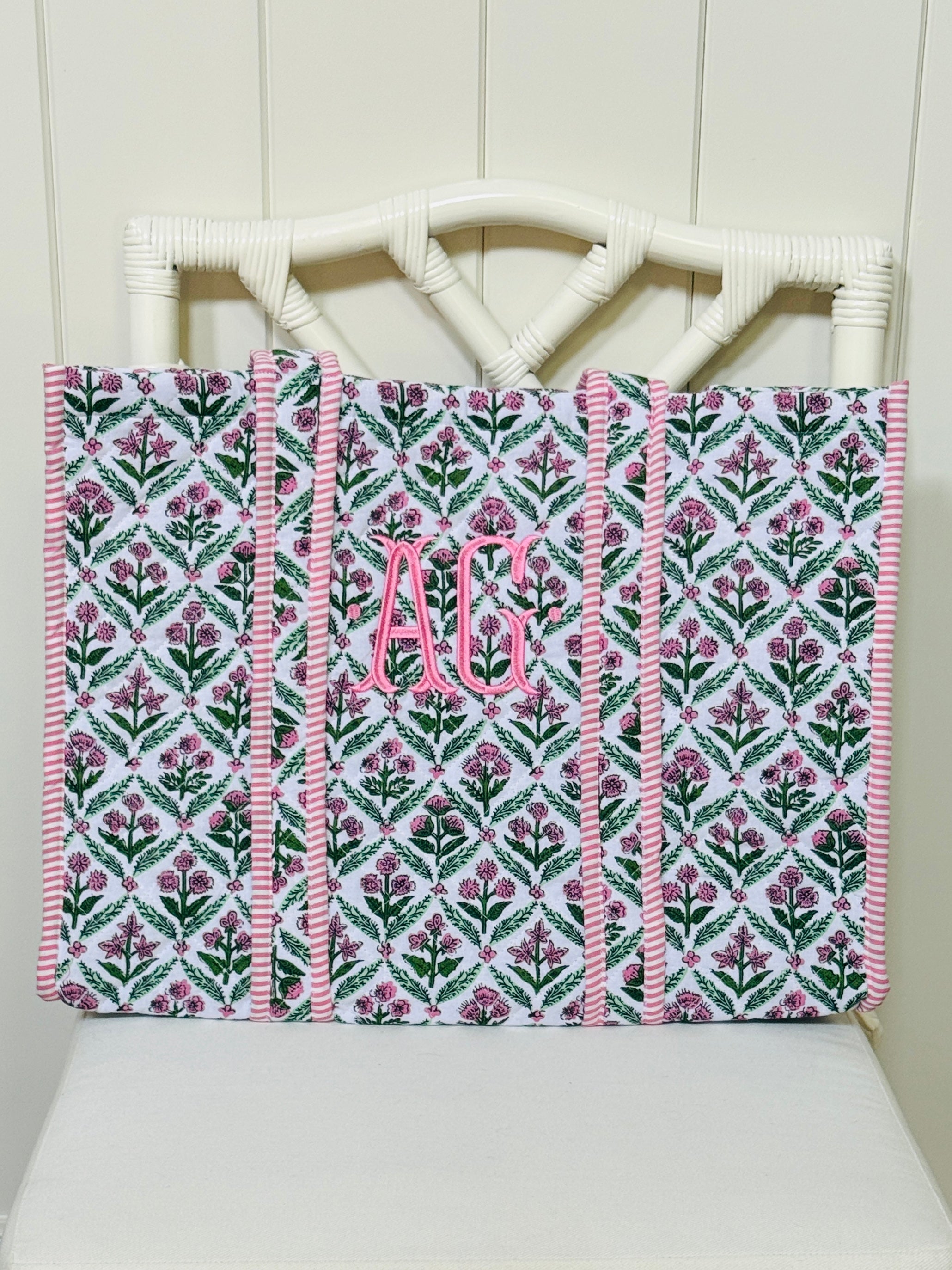Pink and green quilted block print oversized tote bag monogram available