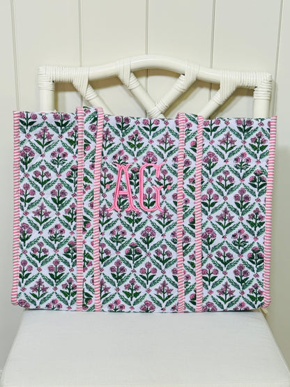 Pink and green quilted block print oversized tote bag monogram available