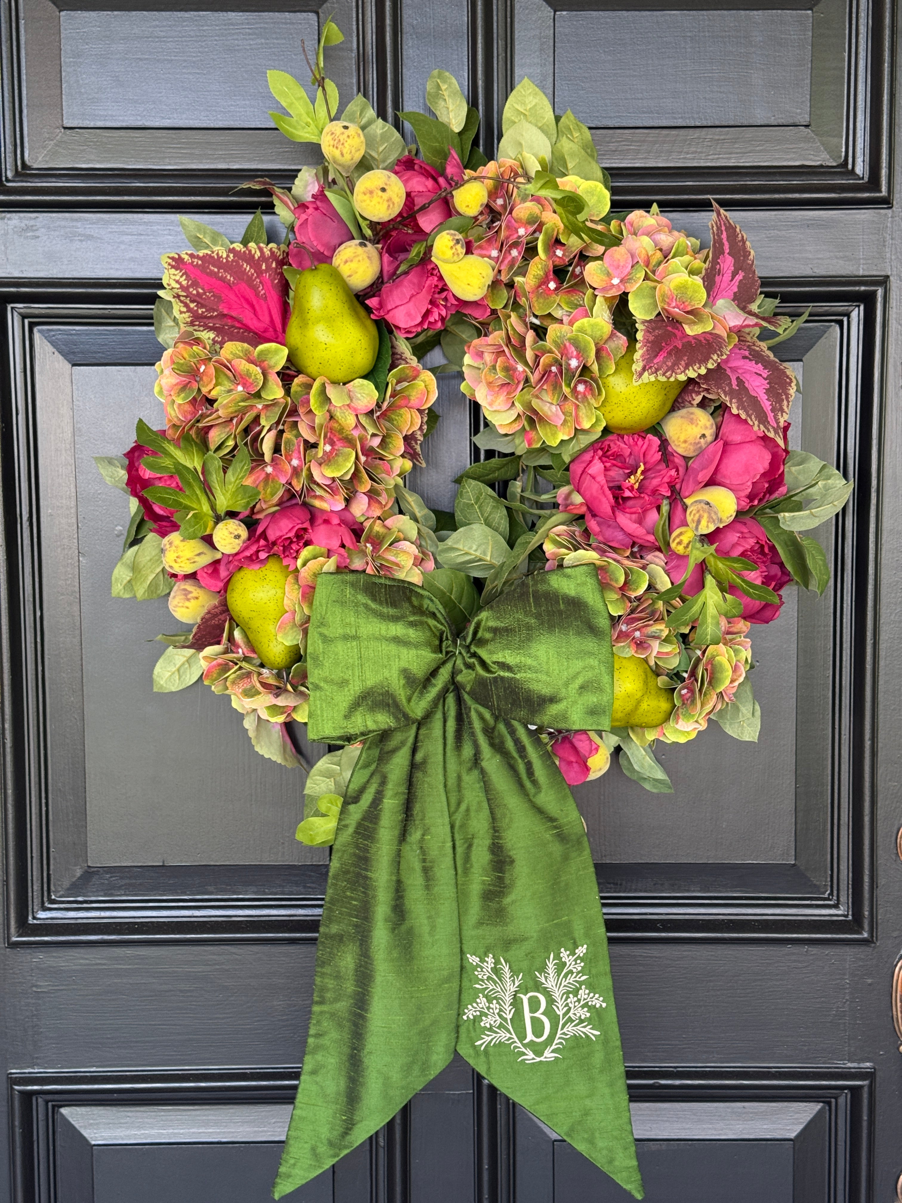 Magenta and pear green hydrangea and coleus floral wreath
