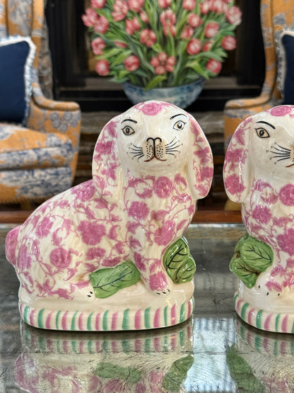 Pink floral Staffordshire bunny figurine pair