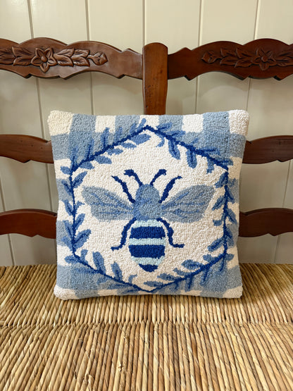 Blue and white bee and gingham hand hooked pillow