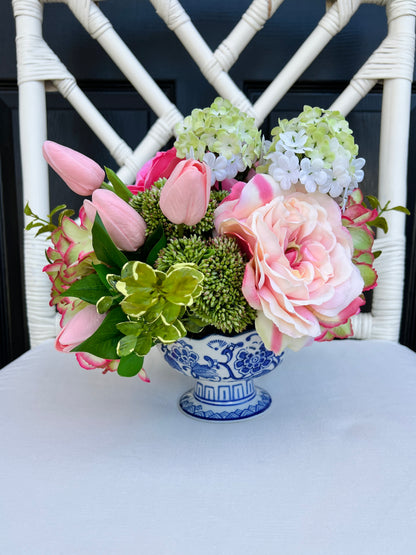 Pink and green Spring floral arrangement in chinoiserie footed bowl