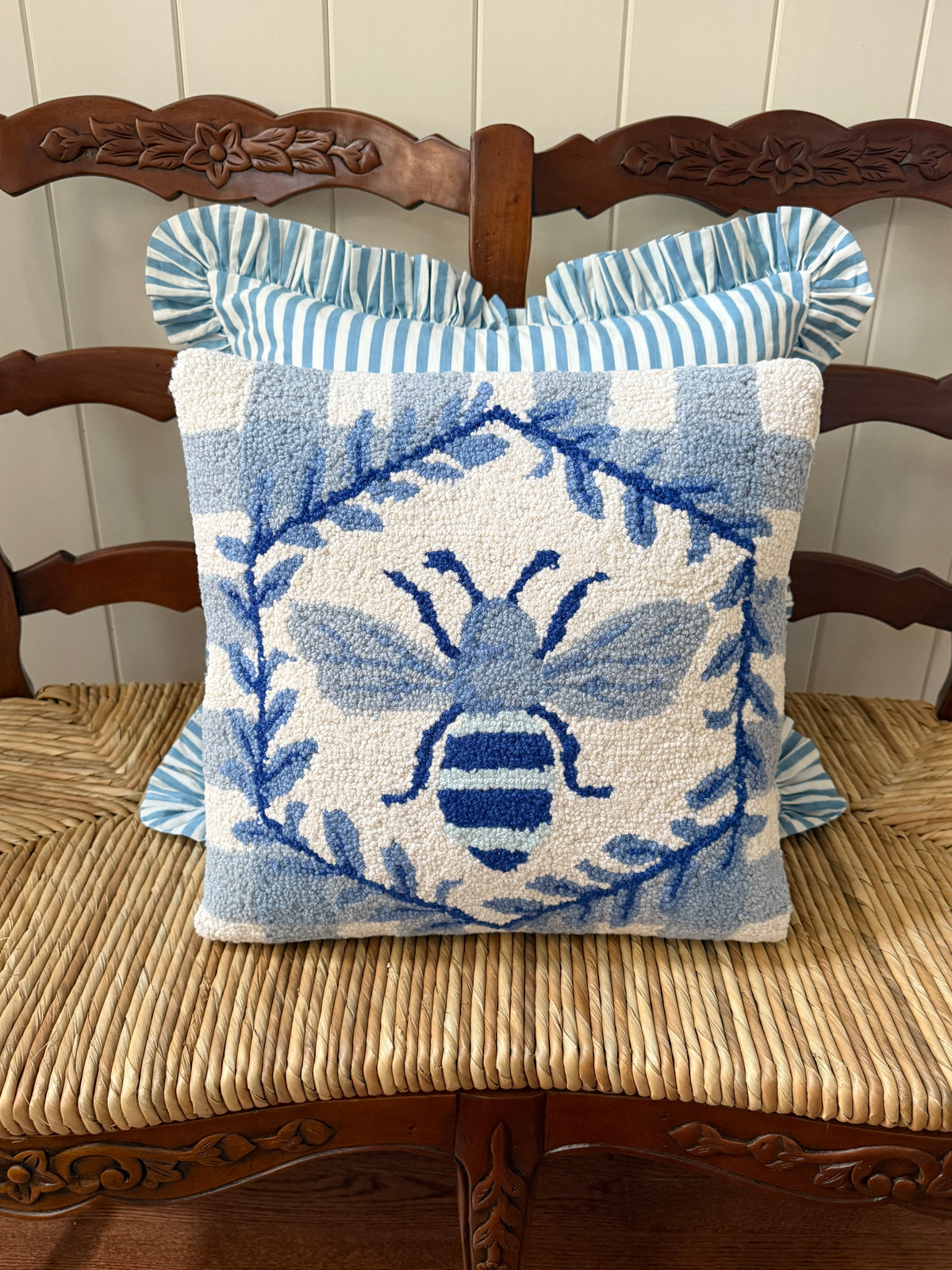 Blue and white bee and gingham hand hooked pillow