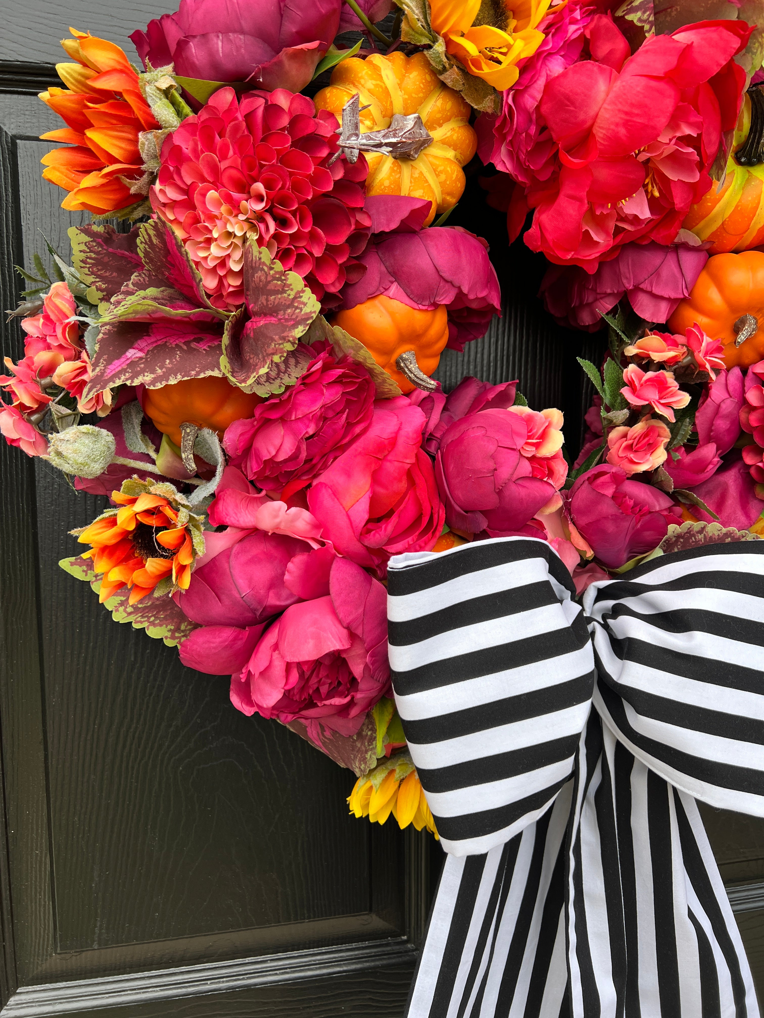 Pink and orange pumpkin Fall floral wreath