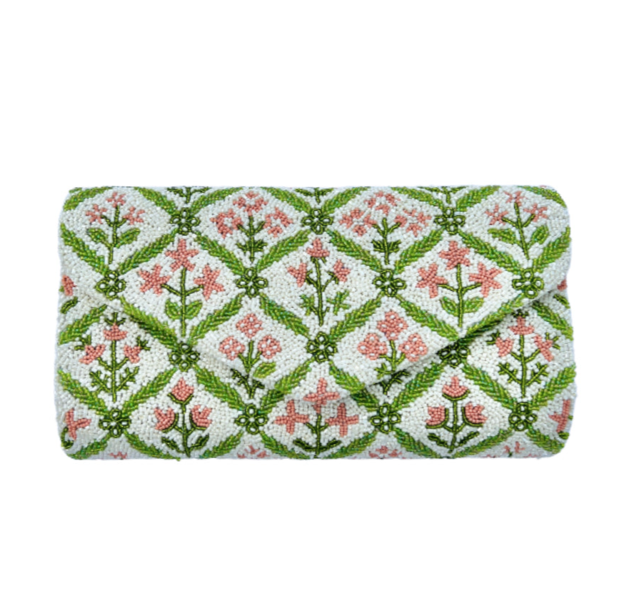Hand beaded pink and green block print floral clutch