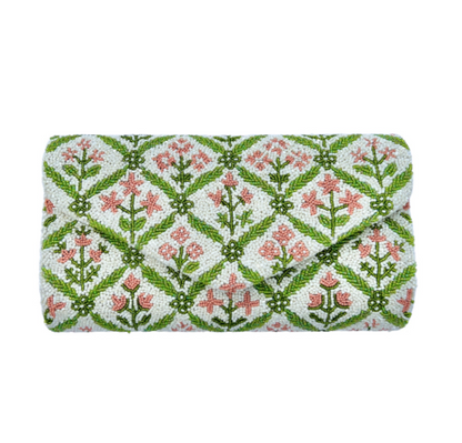 Hand beaded pink and green block print floral clutch
