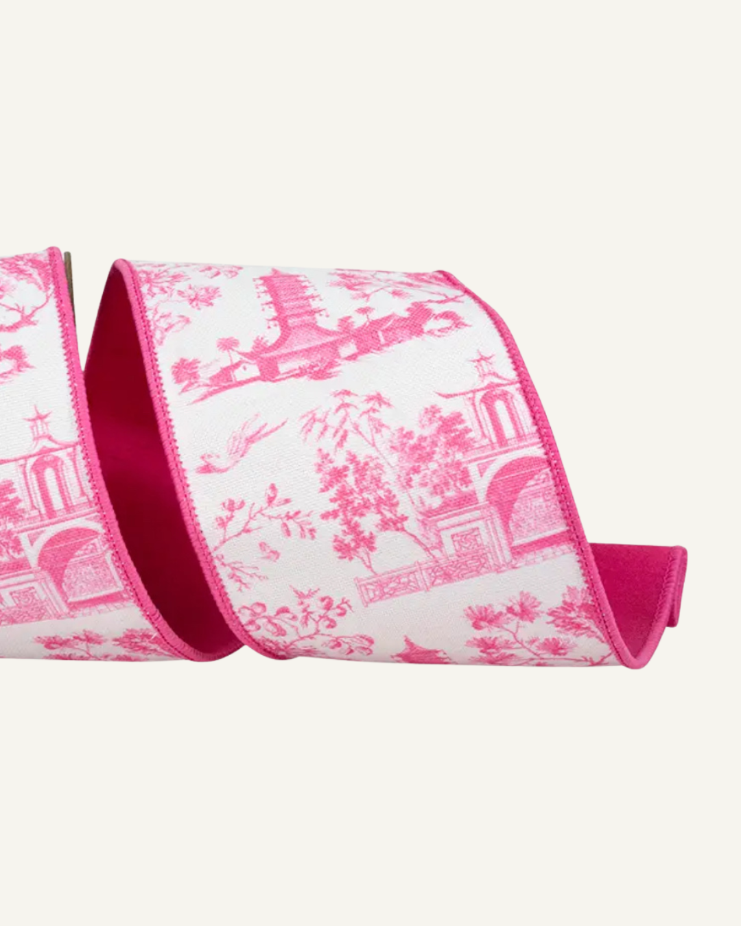 Pink and white chinoiserie ribbon by the roll, 4” wide by 5 yards