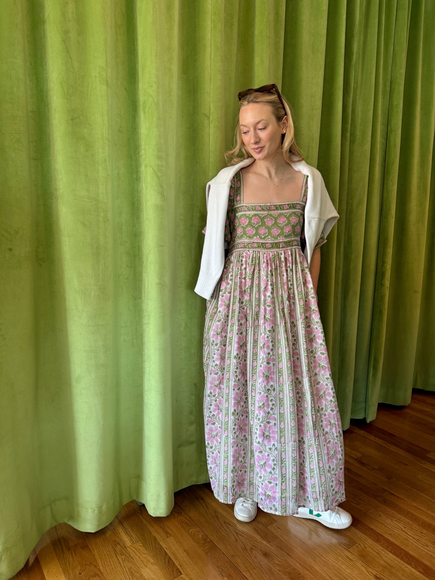 Lottie dress with puff sleeves in pink and green