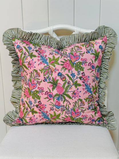 Gigi floral pillow cover with pink striped ruffle trim, 3 colors