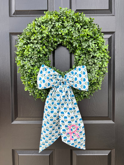 Green and blue floral block print wreath sash, custom monogram available