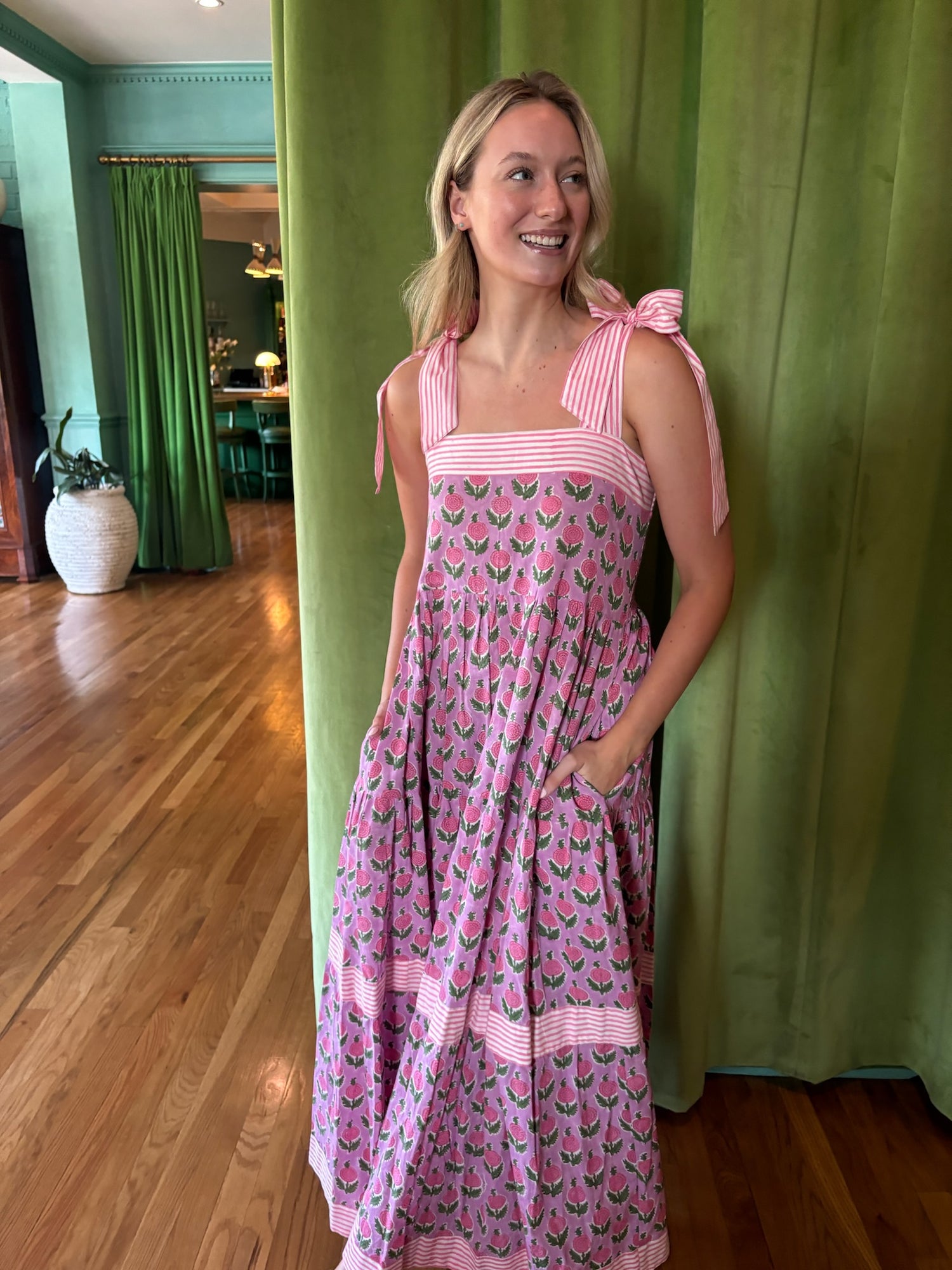 Maisie Maxi Dress in Pink Posey block print