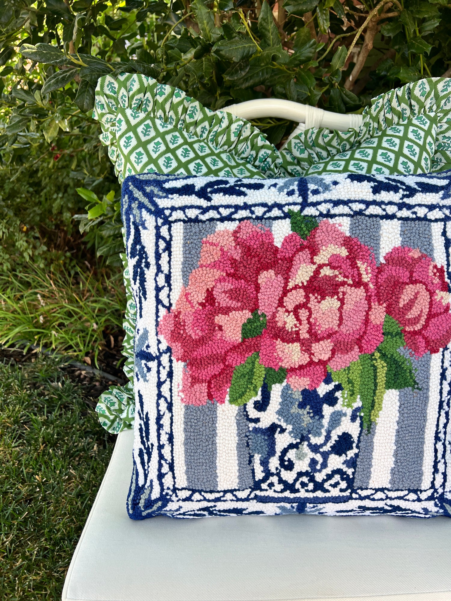 Chinoiserie and pink peonies on blue stripes pillow