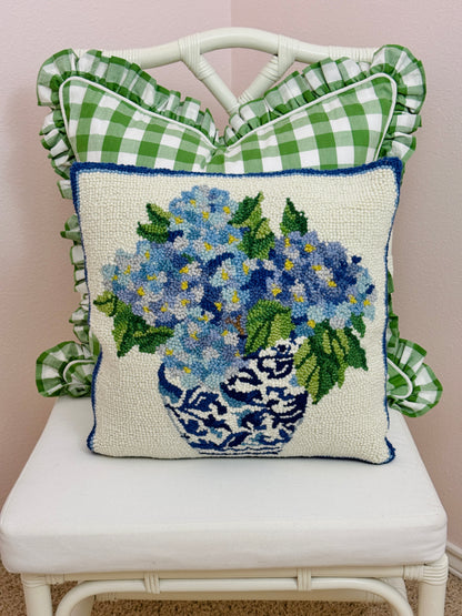 Chinoiserie hydrangeas 1 hand hooked pillow