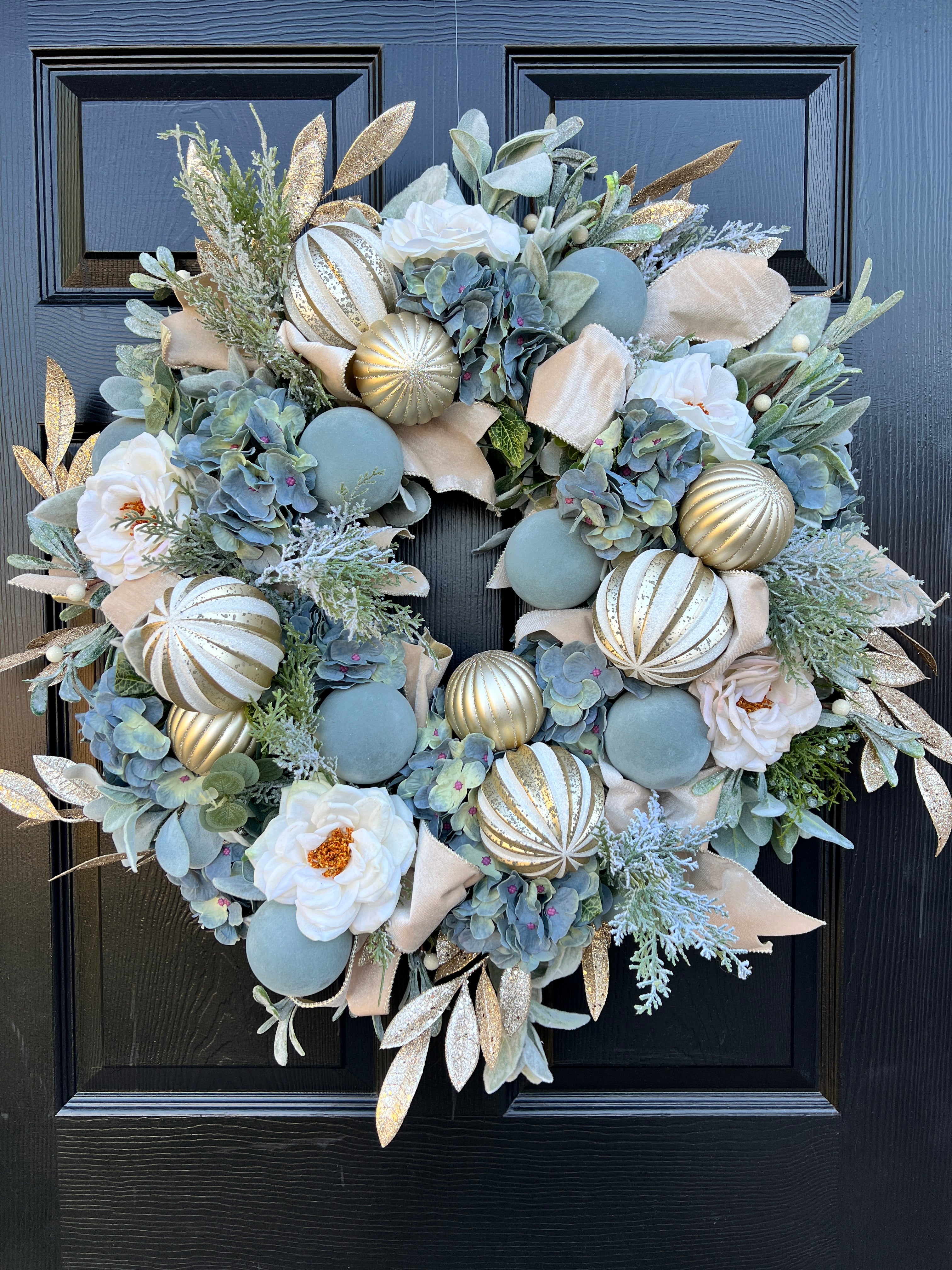 Luxe blue and cream Christmas wreath with optional Alabaster silk monogrammed wreath sash