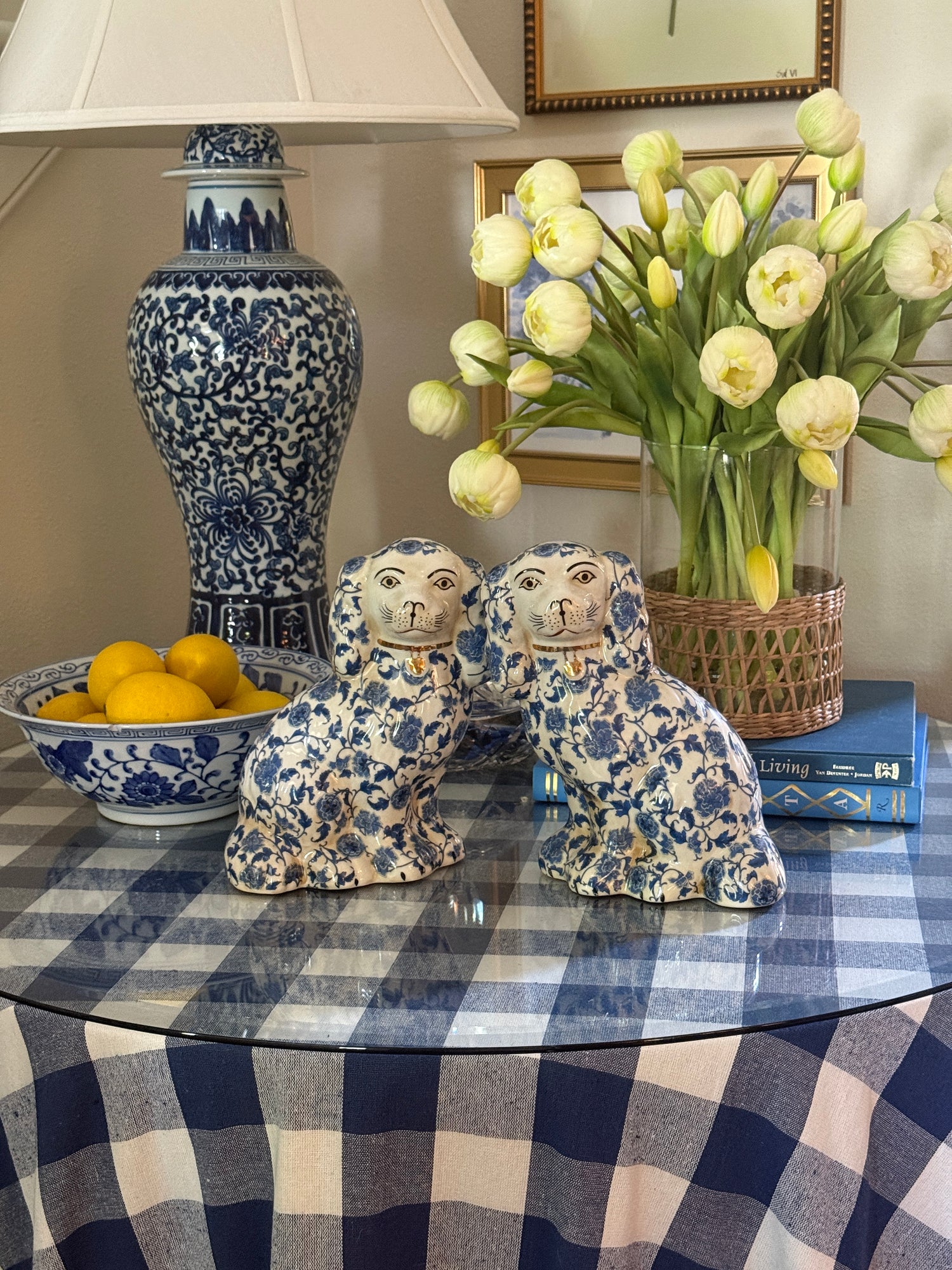 Large blue and white floral Staffordshire dog pair 9” tall