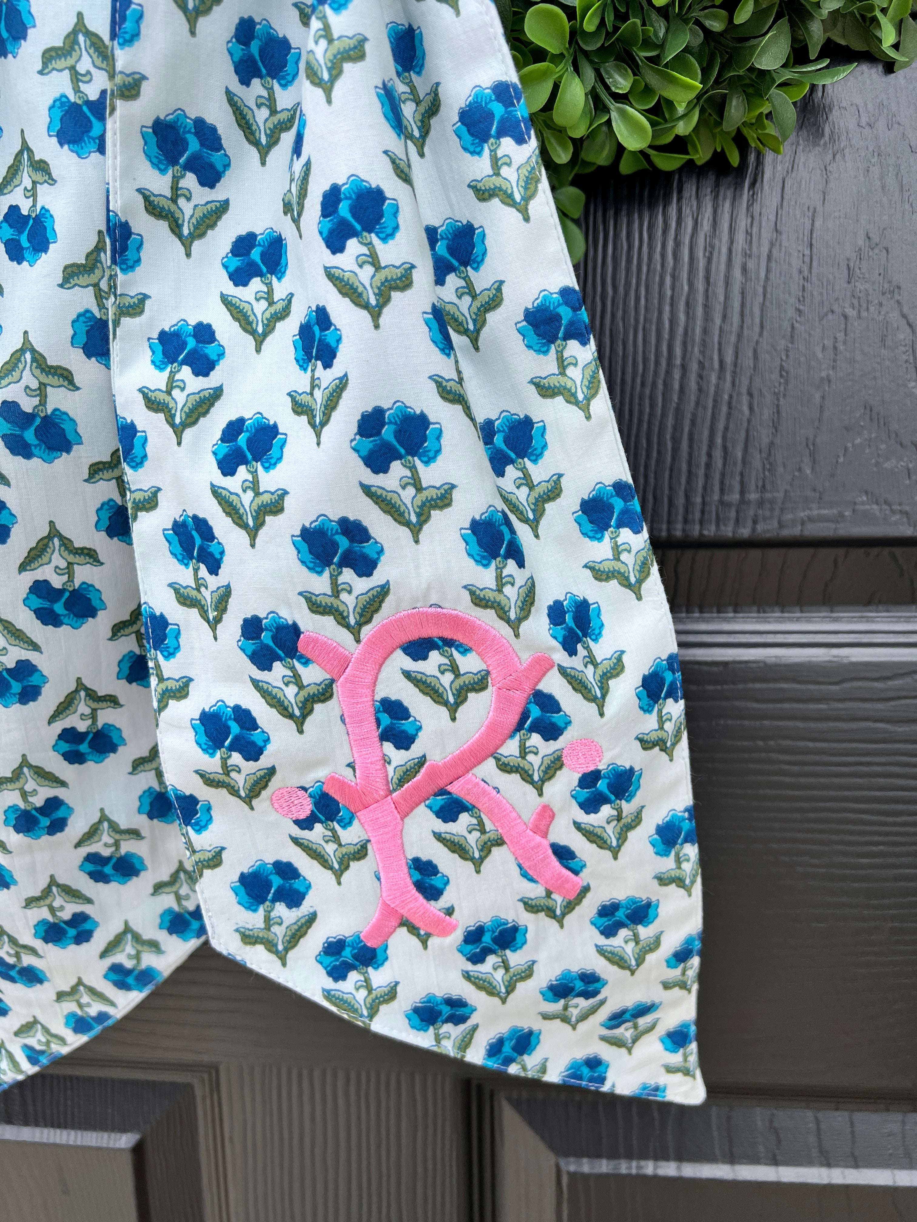 Green and blue floral block print wreath sash, custom monogram available