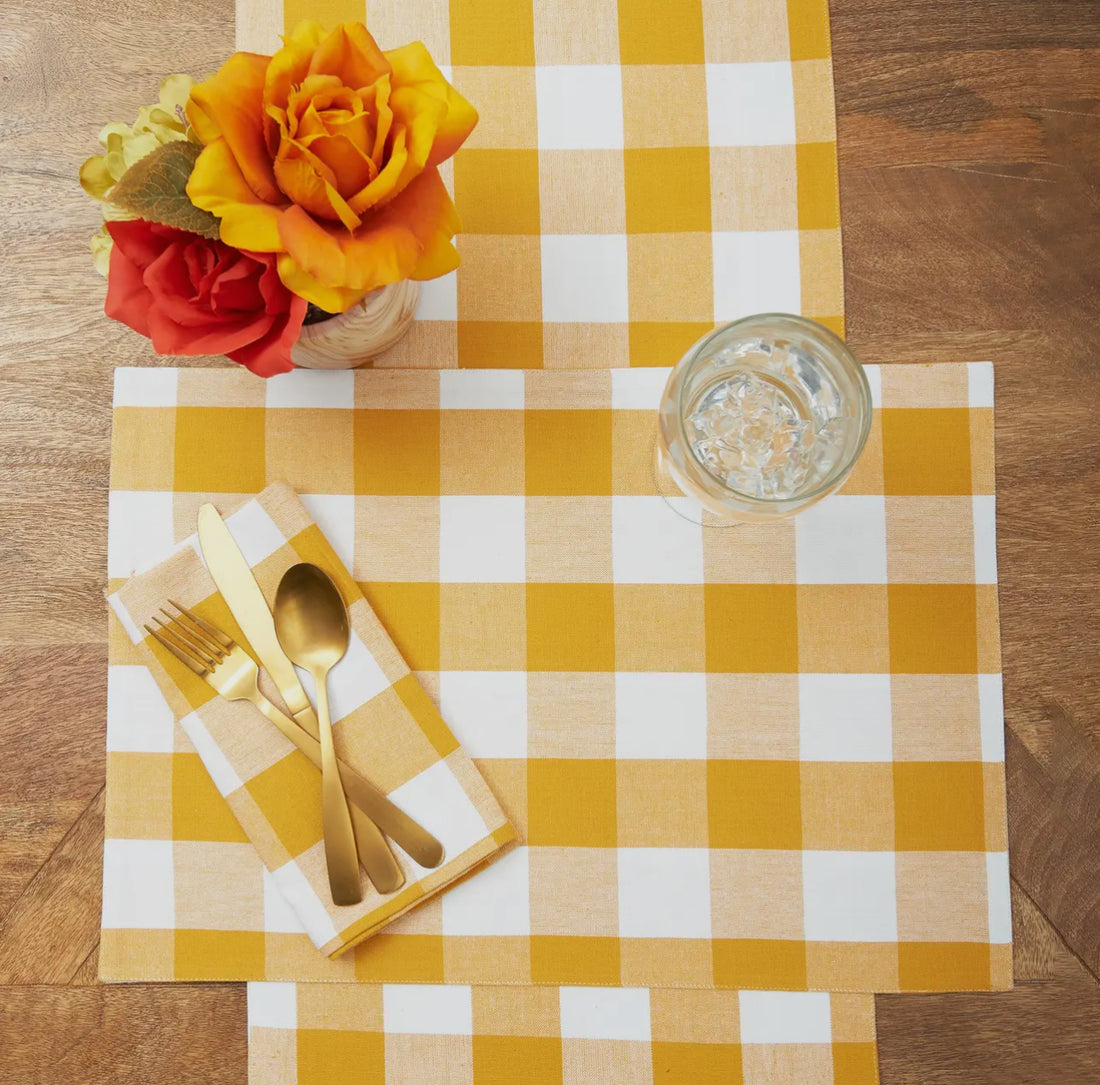 Golden yellow gingham table linens, set of 4 placemats or table runner