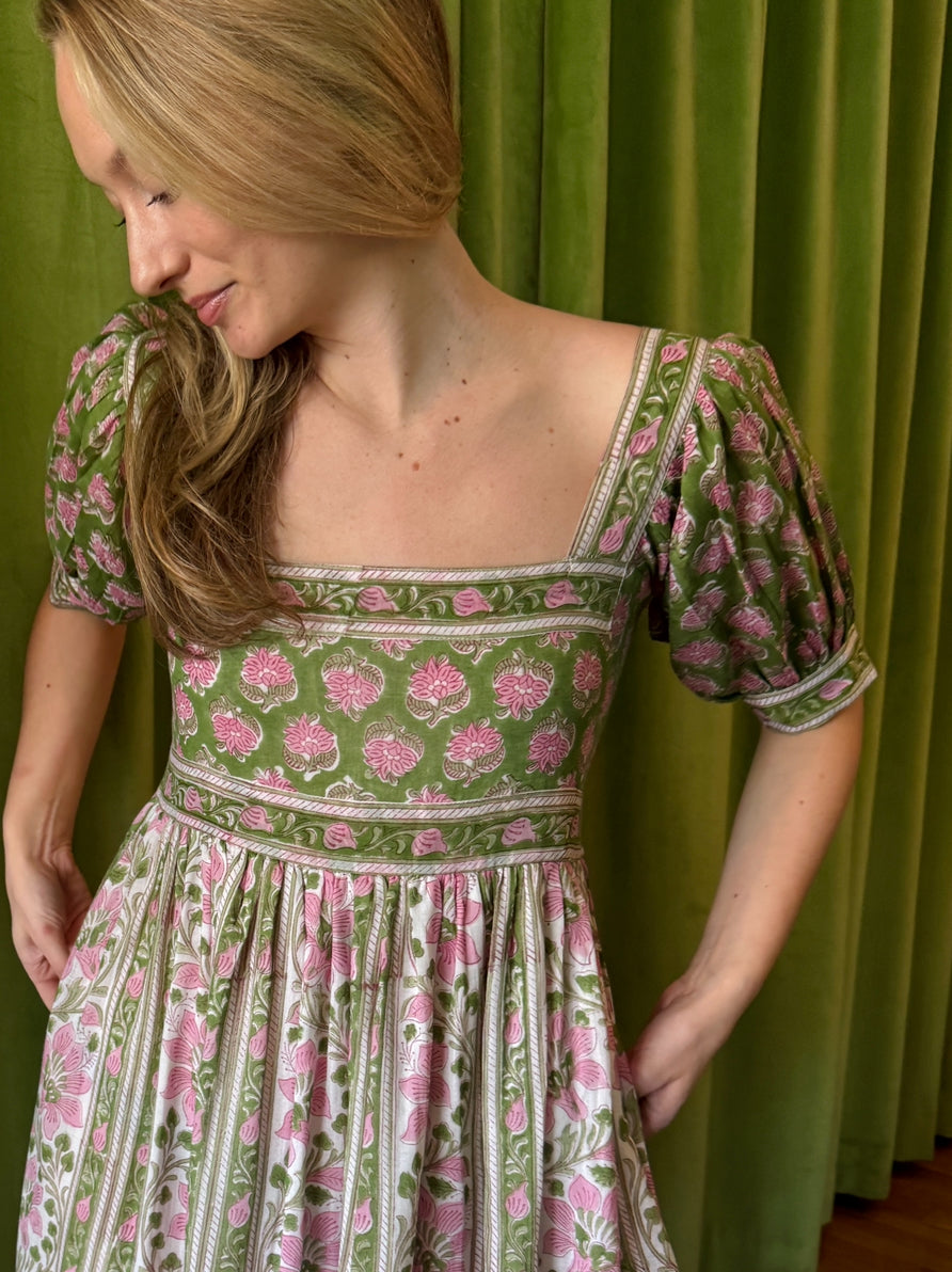 Lottie dress with puff sleeves in pink and green