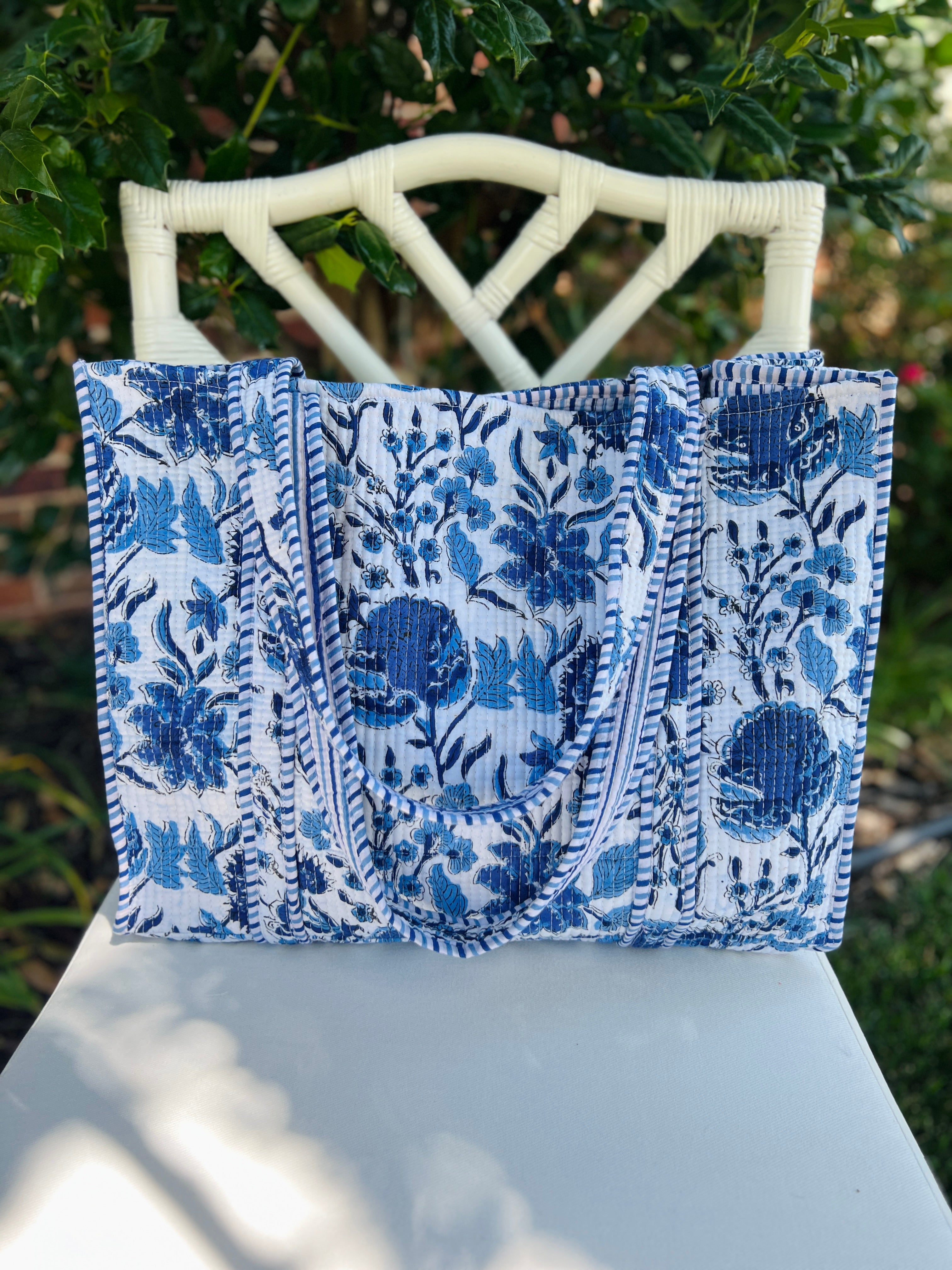 Blue and white quilted block print tote bag monogram available