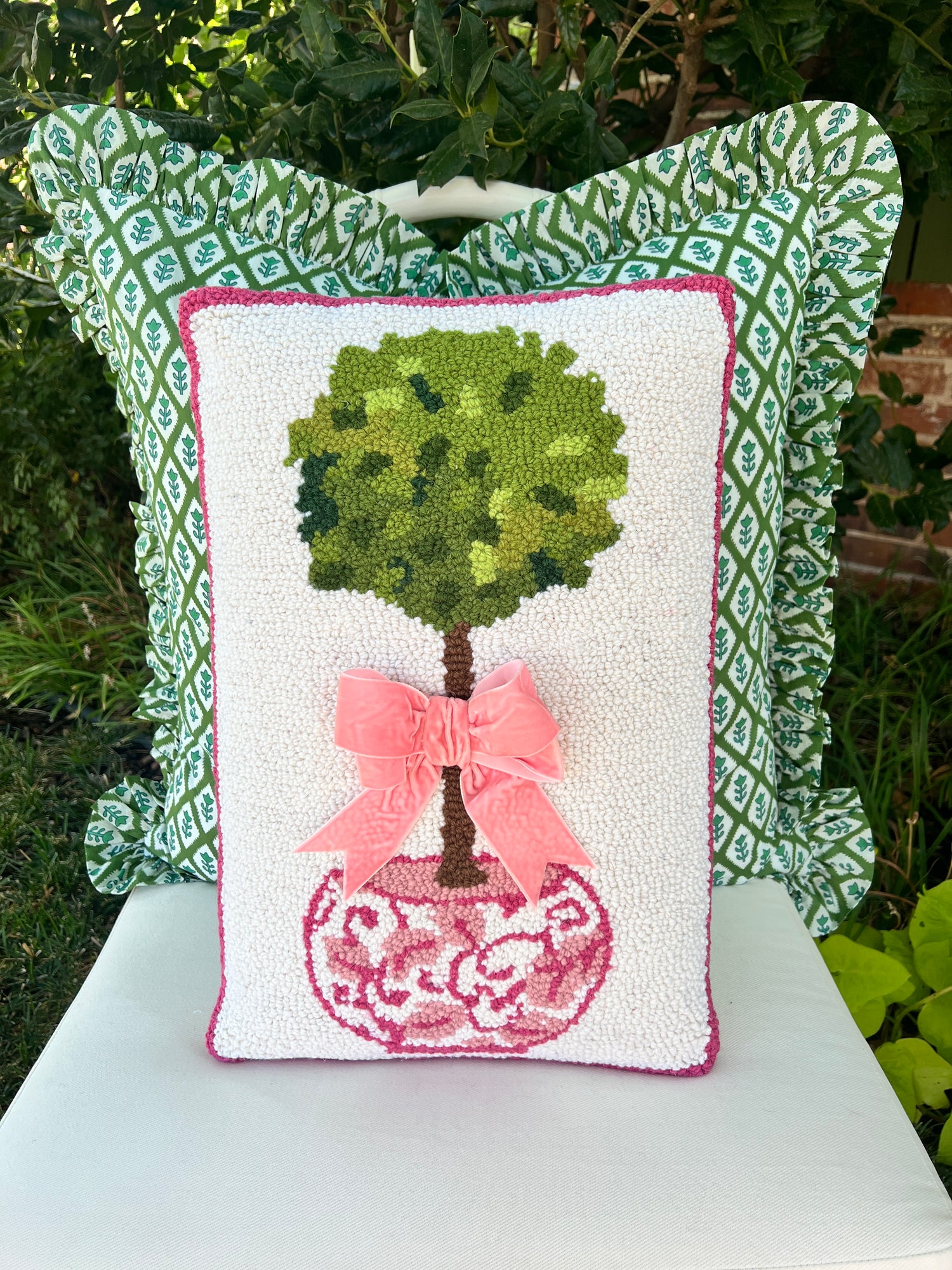 Pink chinoiserie hooked wool topiary pillow