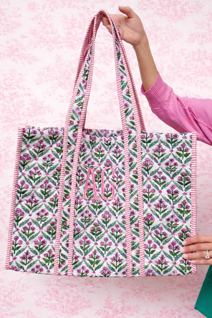 Pink and green quilted block print oversized tote bag monogram available