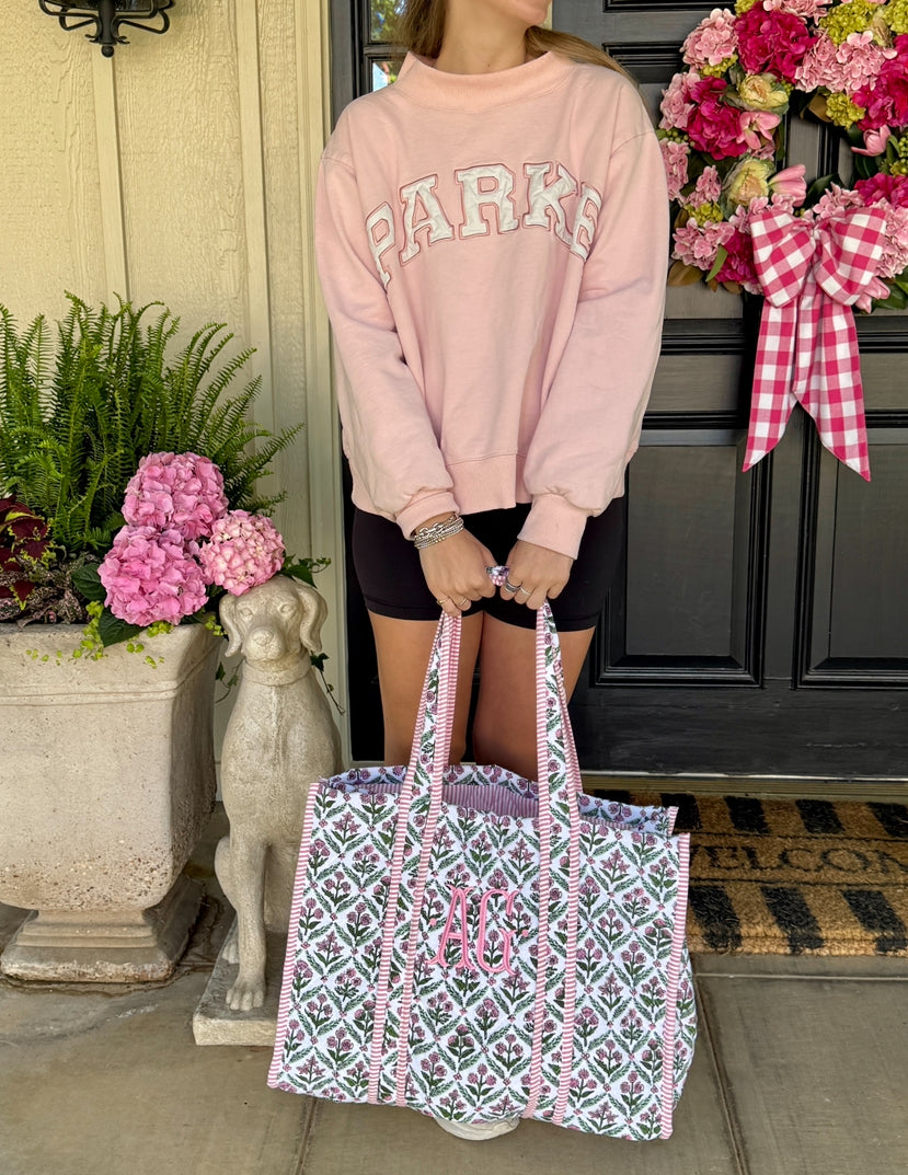 Pink and green quilted block print oversized tote bag monogram available