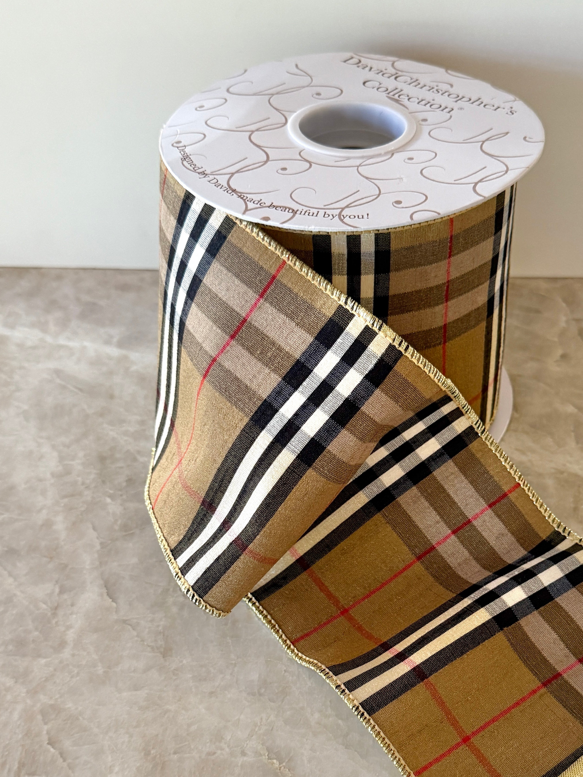 Tan and red tartan plaid ribbon