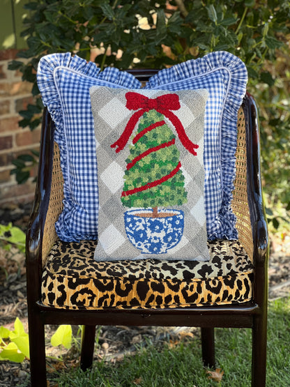 Holiday topiary hooked wool pillow