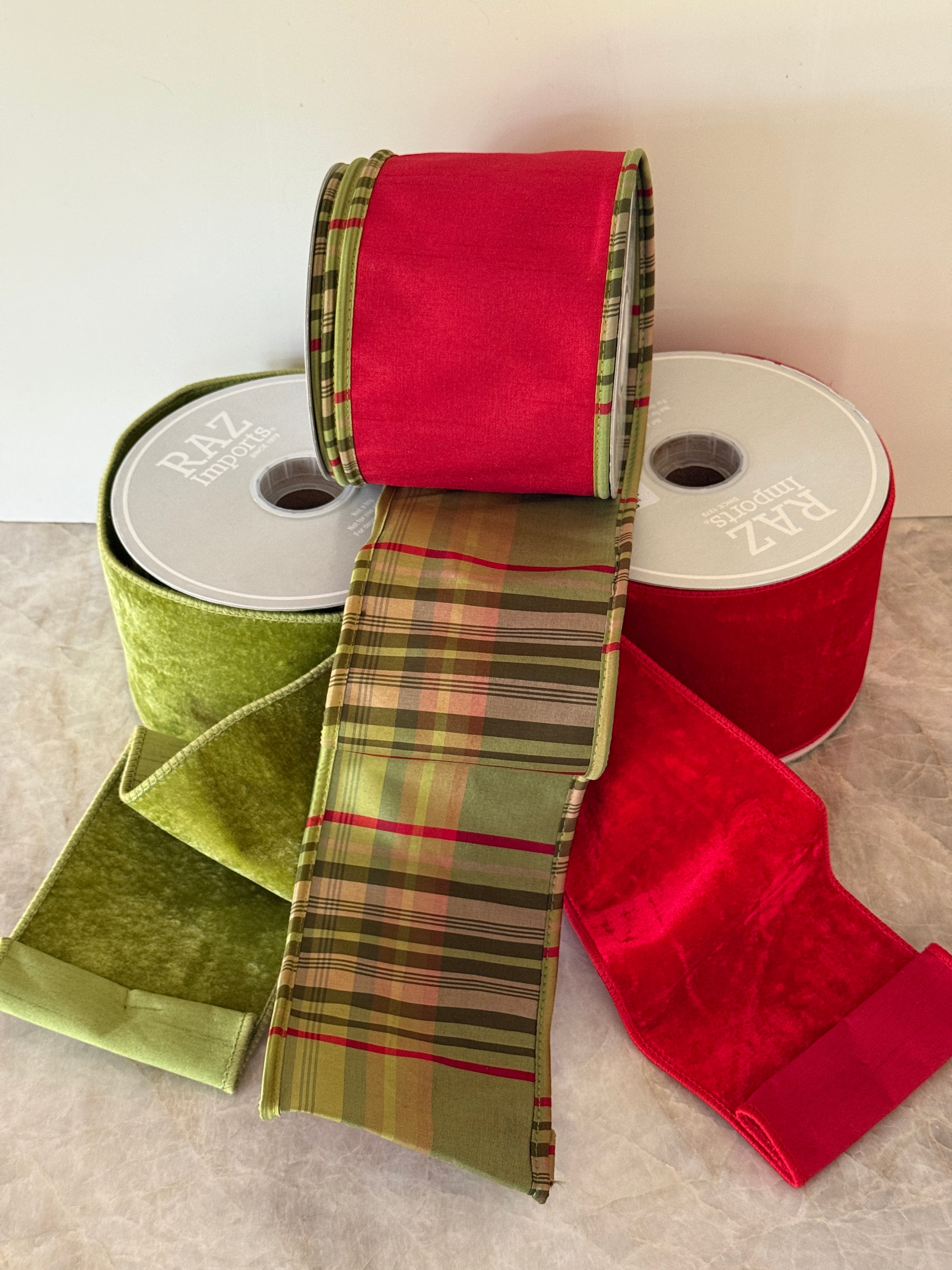 Apple green plaid and red dupioni double sided ribbon by the roll, 4”x10 yards