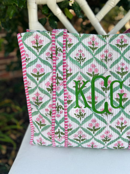 Pink and green quilted block print tote bag monogram available