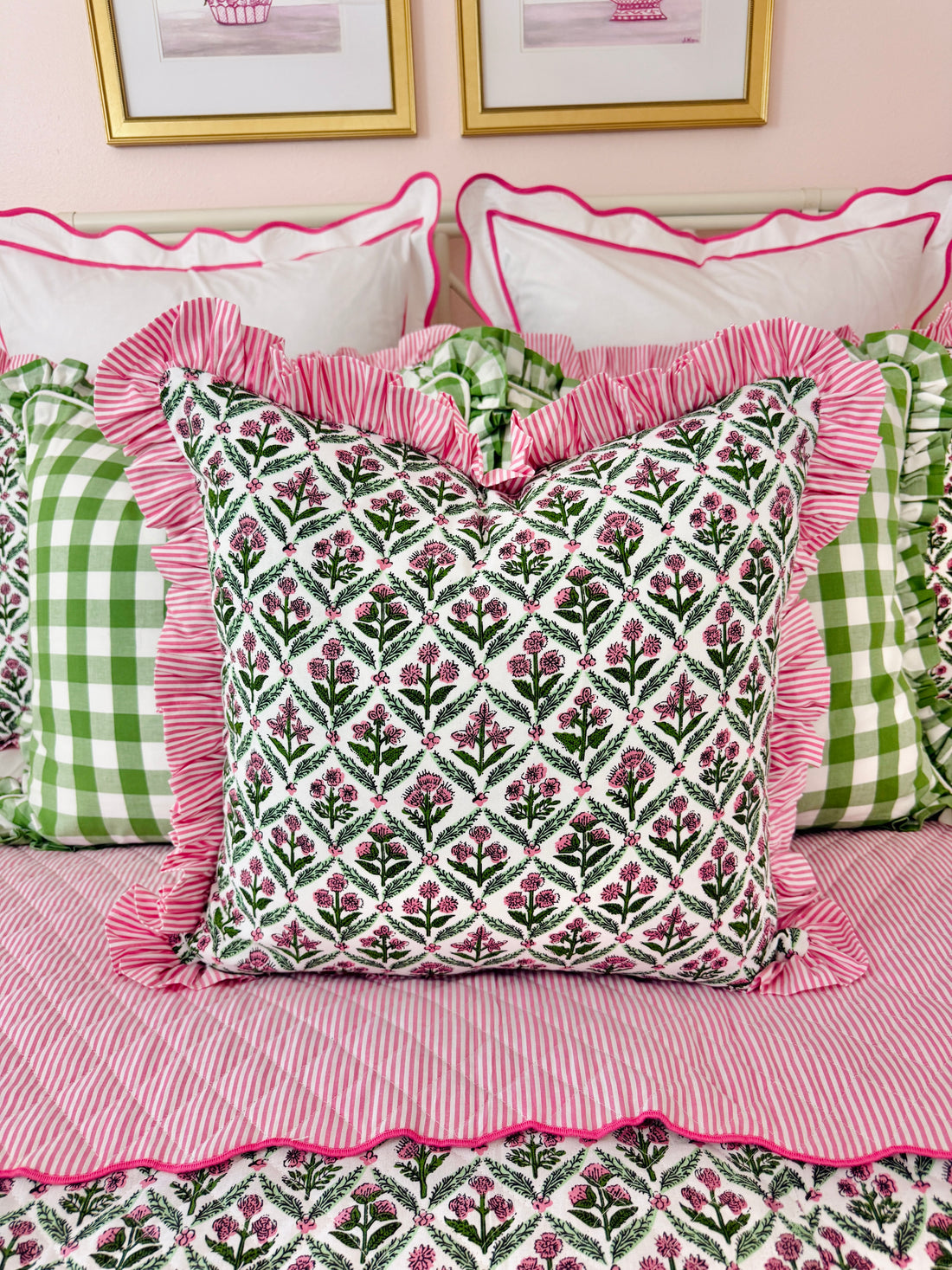 Pink and green floral trellis block print ruffle pillow cover with pink striped trim and back