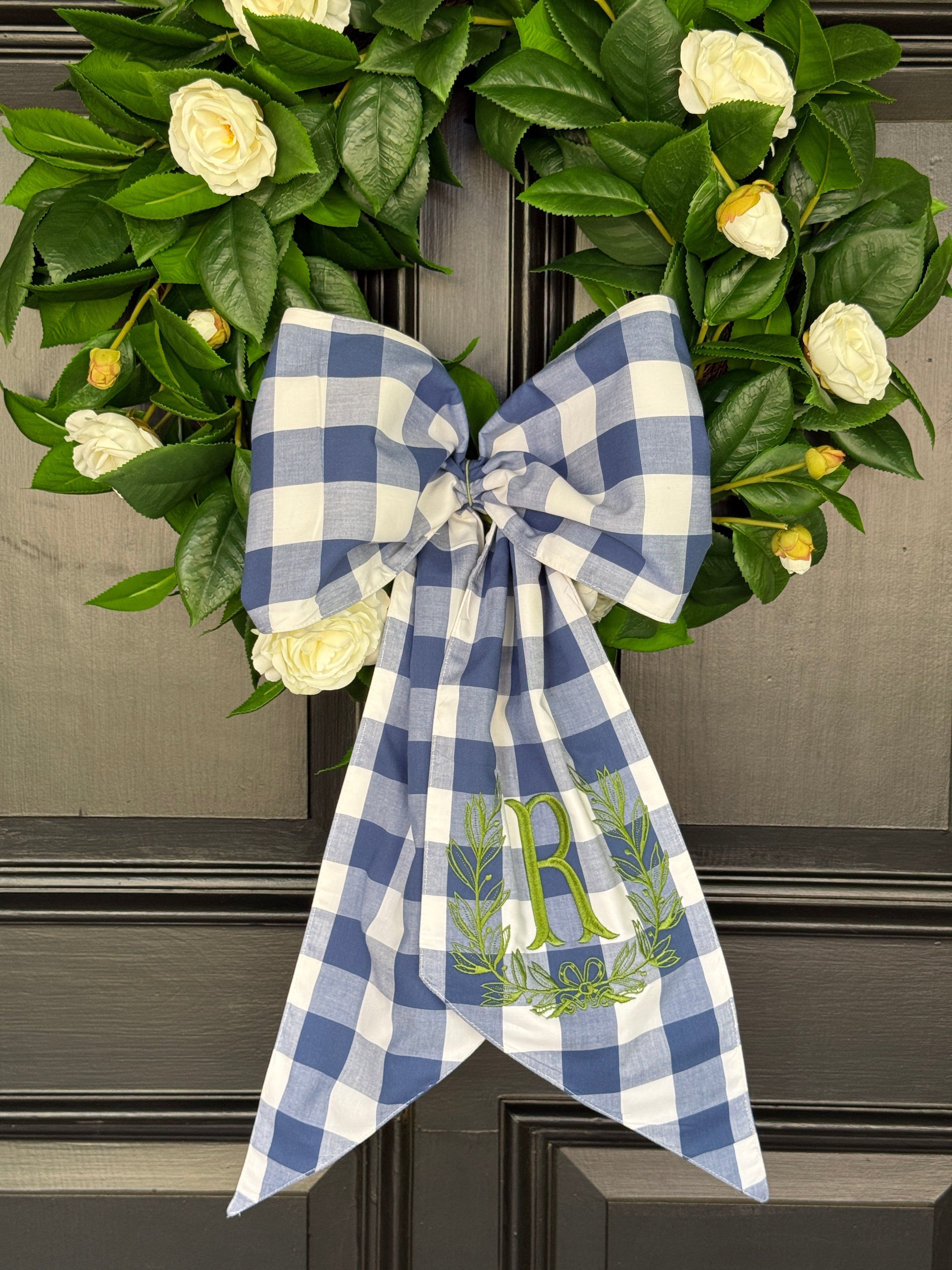 Blue buffalo check wreath sash standard size monogram available