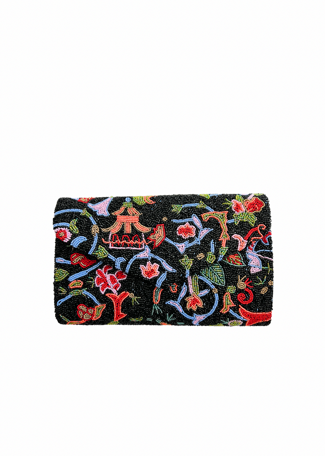 Hand beaded clutch handbag, black chinoiserie pattern