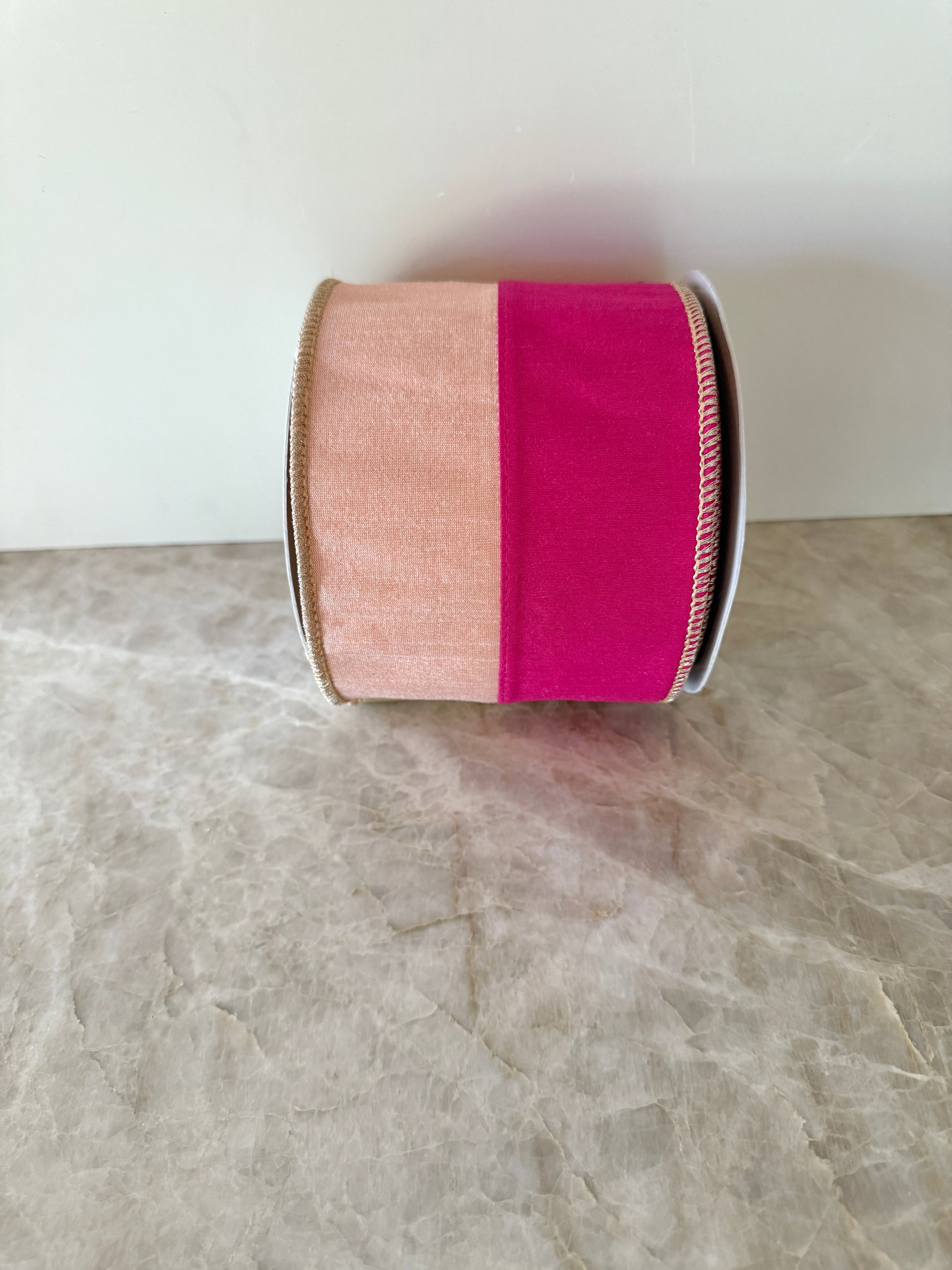 Fuchsia and peach two tone wired ribbon by the roll with gold backing 4”x10 yards