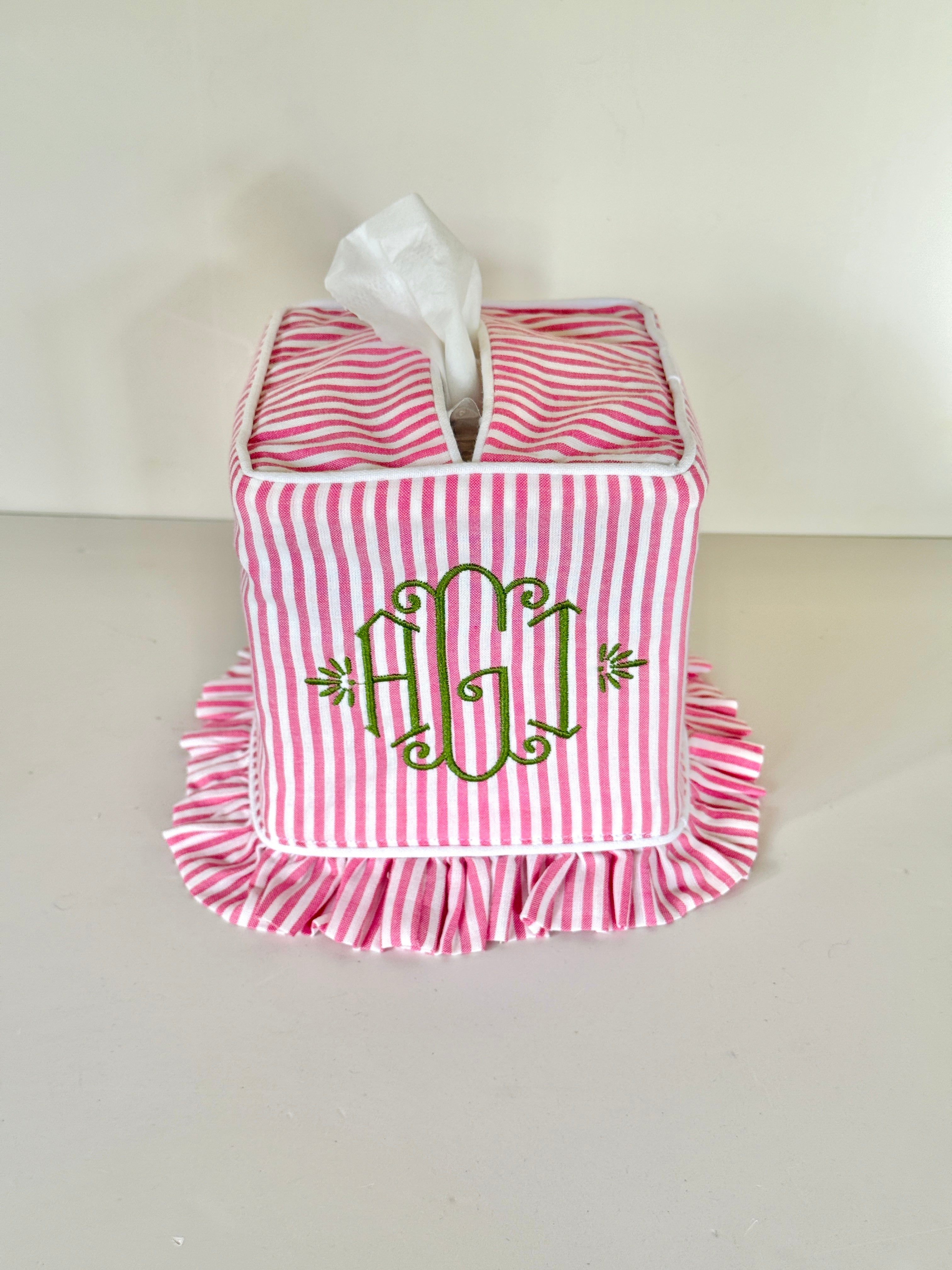 Pink and white stripe ruffle tissue cover, custom monogram available