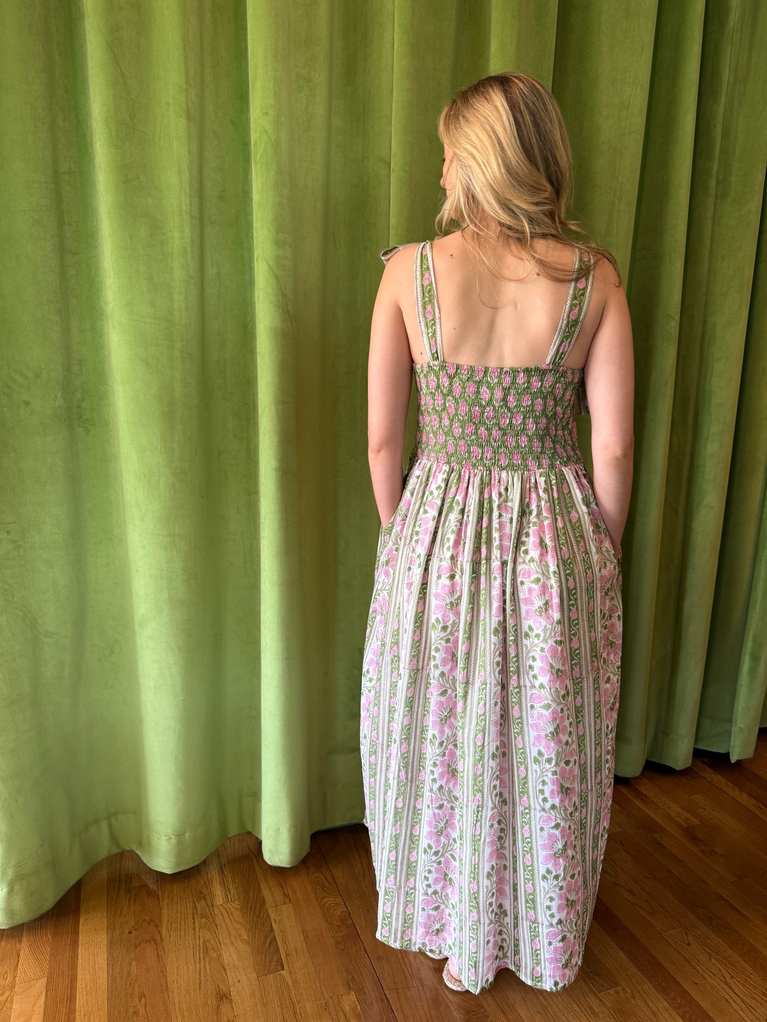 Lottie dress with tie shoulders in pink and green