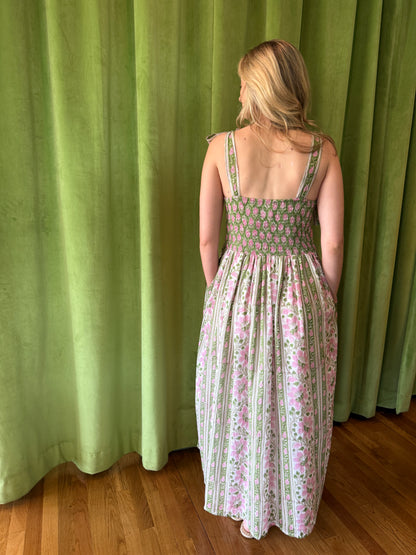 Lottie dress with tie shoulders in pink and green