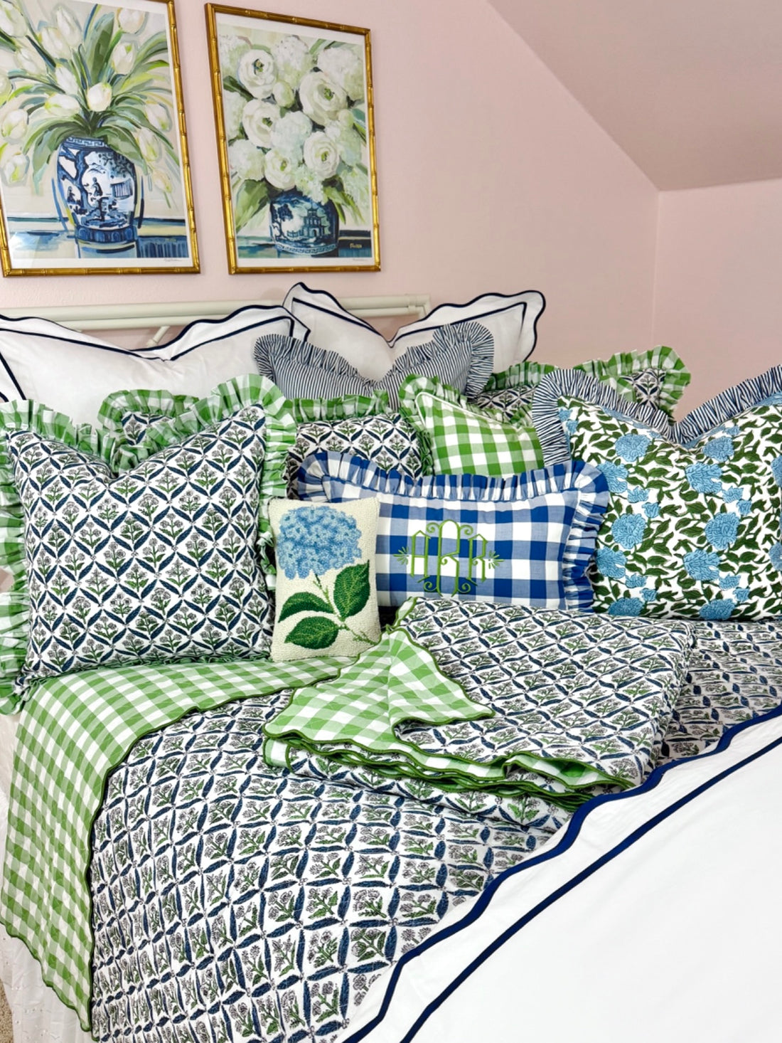 Blue and green floral trellis block print bedding collection